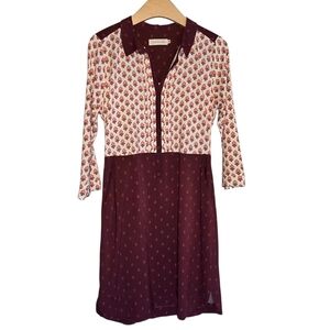 Indi & Cold Burgundy White Patterned Midi Dress Pintuck Button Front Work Sz M
